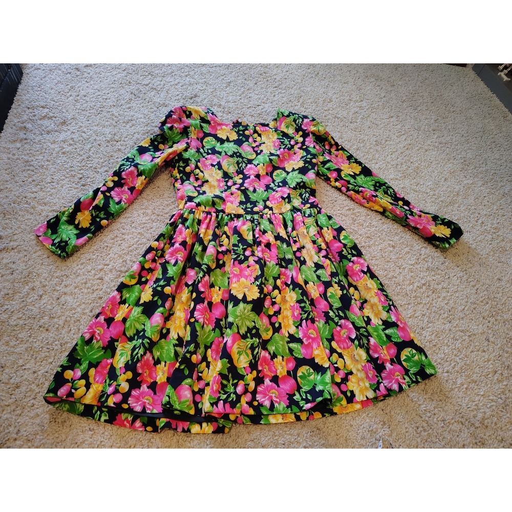 Vintage 80s Dahoi Style Floral Puff Sleeve Fit Flare Mini Dress XS Cottagecore